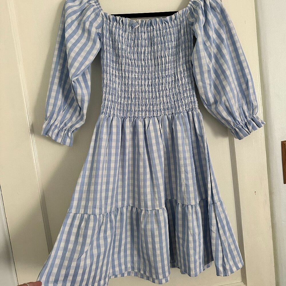 Cider Blue Gingham Smocked Long-Sleeve Dress Size Small